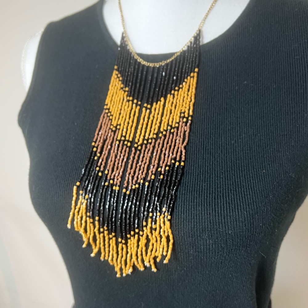 Handmade Artisan Ombre Seed Bead Necklace Bohemian Fringe Black/Brown/Yellow ✨🤎